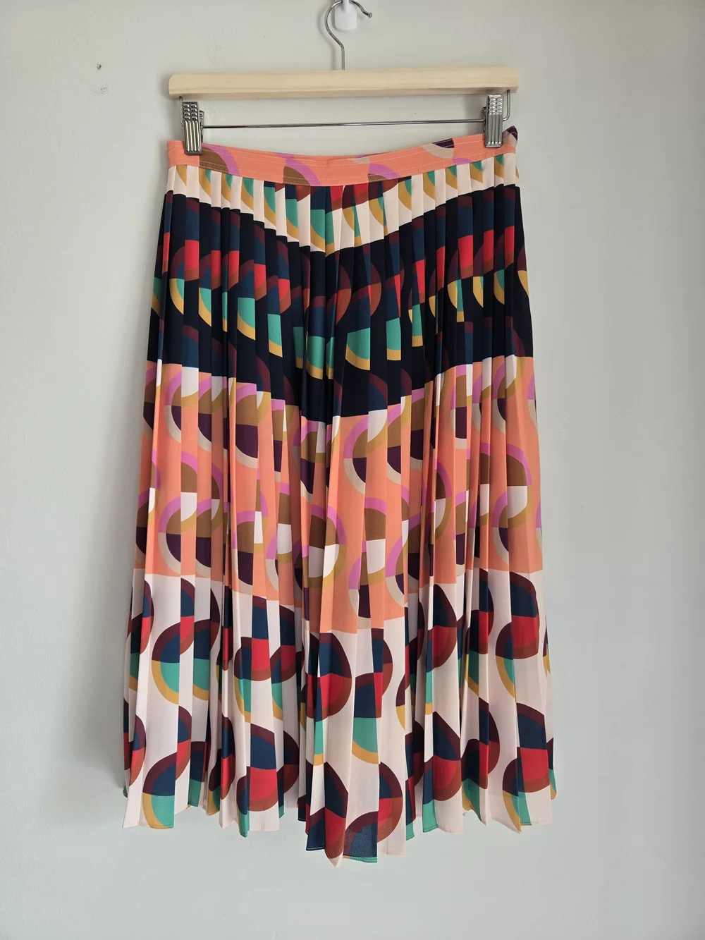 J.Crew Pleated Multicolor Geometric Art Retro Print Midi Skirt Peach Navy 6 - Picture 7 of 14